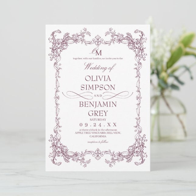 Invitación Boda de ciruela Toile De Joy  (Anverso de pie)