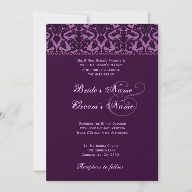 Invitación Boda de ciruela y berenjena morada Damasco (Anverso)