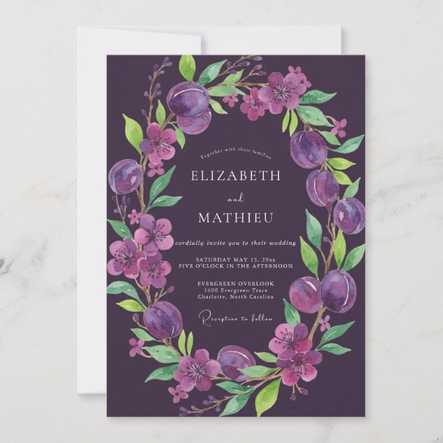 Invitación Boda de ciruelo eucalipto morado profundo (Anverso)