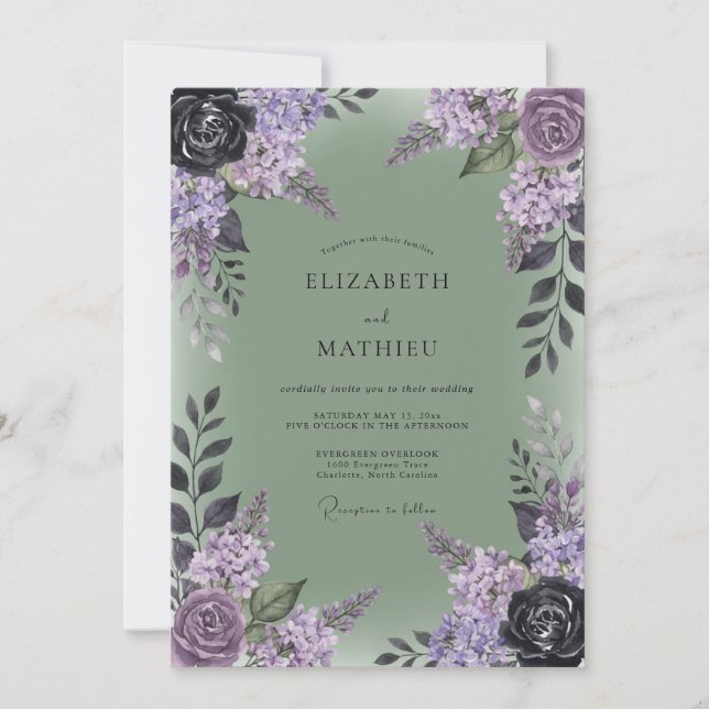 Invitación Boda de ciruelo oliva lila eucalipto (Anverso)