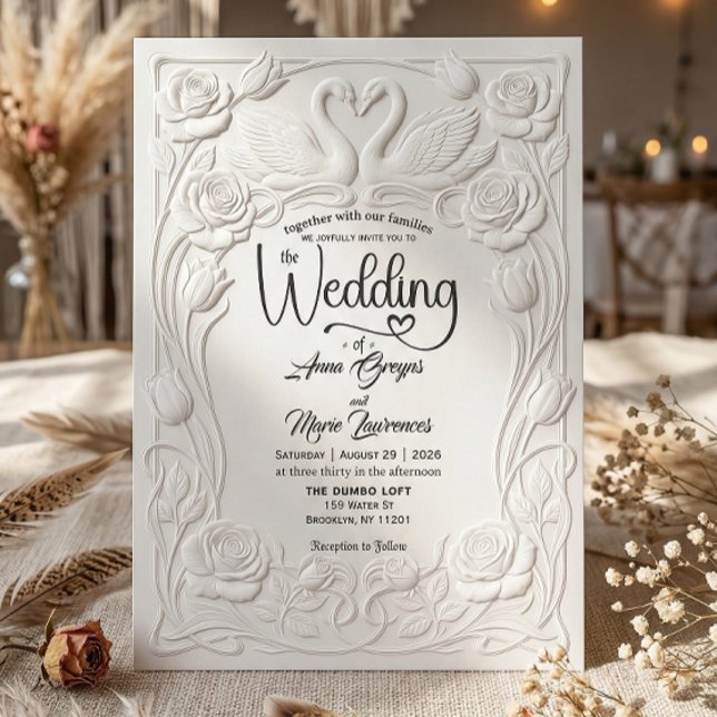 Invitación Boda de cisne floral con relieve de imprenta falsa (Subido por el creador)