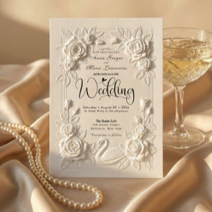 Invitación Boda de cisne y rosa victoriana con relieve falso