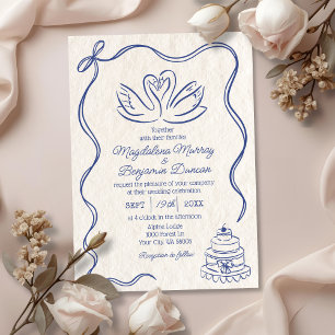 Invitación Boda de cisnes de cinta retro azul con mano de cos