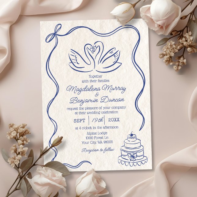 Invitación Boda de cisnes de cinta retro azul con mano de cos (Subido por el creador)