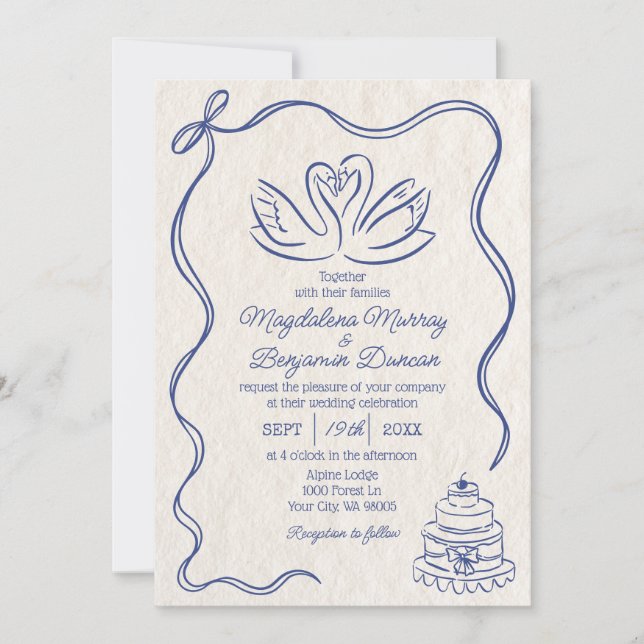 Invitación Boda de cisnes de cinta retro azul con mano de cos (Anverso)