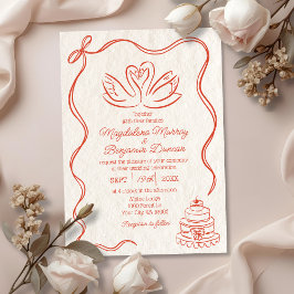 Invitación Boda de cisnes naranjas retro dibujados a mano vin