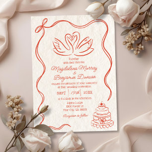 Invitación Boda de cisnes naranjas retro dibujados a mano vin