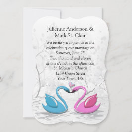 Invitación Boda de cisnes para besar azul rosado con borde de