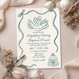 Invitación Boda de cisnes retro verde azulado dibujados a man