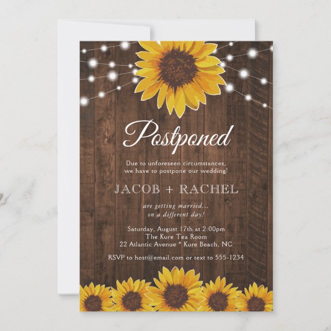 Invitación Boda de cita aplazada de luces de girasol rusticas (Anverso)