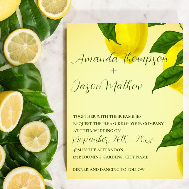 Invitación Boda de cítricos amarillo brillante de Bonito limó (Lemon Pretty Bright Yellow Citrus Wedding Invitation)