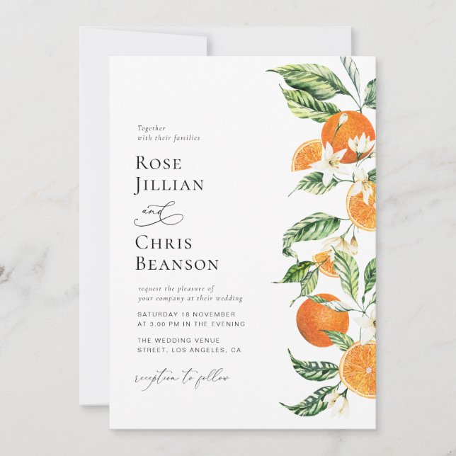 Invitación Boda de cítricos de naranja floral de acuarela (Anverso)