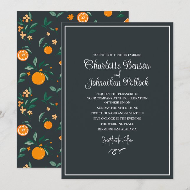Invitación Boda de Citrus Bloom y Naranjas Botánicos (Anverso / Reverso)