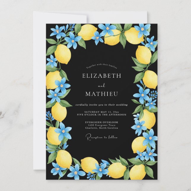 Invitación Boda de Citrus Eucalipto Amarillo Negro (Anverso)