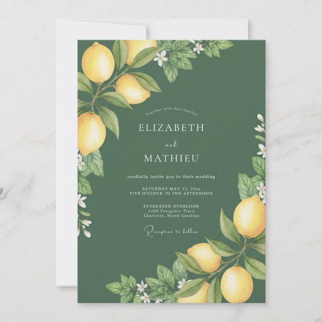 Invitación Boda de Citrus Eucalipto Amarillo Oliva (Anverso)