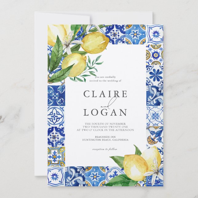 Invitación Boda de citrus limón azul mediterráneo (Anverso)