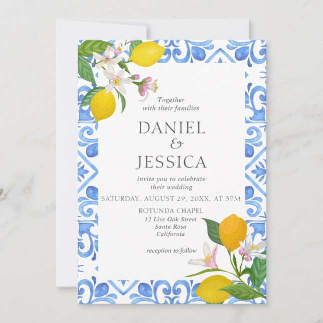 Invitación Boda de Citrus Mediterranean BlueTiles Lemon Itali (Anverso)