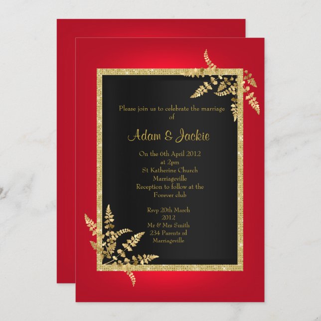 Invitación BODA DE CLASES ELEGANTES DE LA Lámina ROJA DE ORO  (Anverso / Reverso)