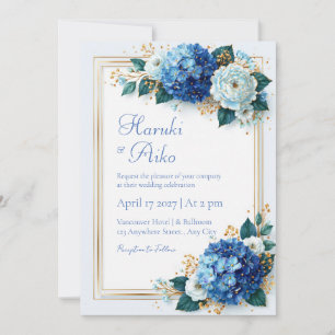 Invitación Boda de Cobalt Hydrangea con Marco Floral Dorado