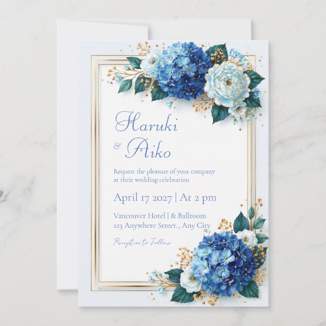 Invitación Boda de Cobalt Hydrangea con Marco Floral Dorado (Anverso)