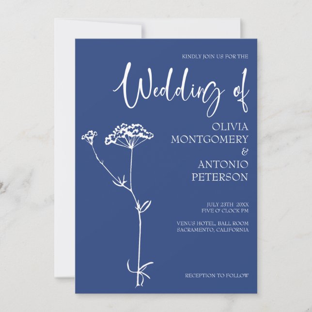 Invitación Boda de cobalto galáctico floral moderno minimalis (Anverso)