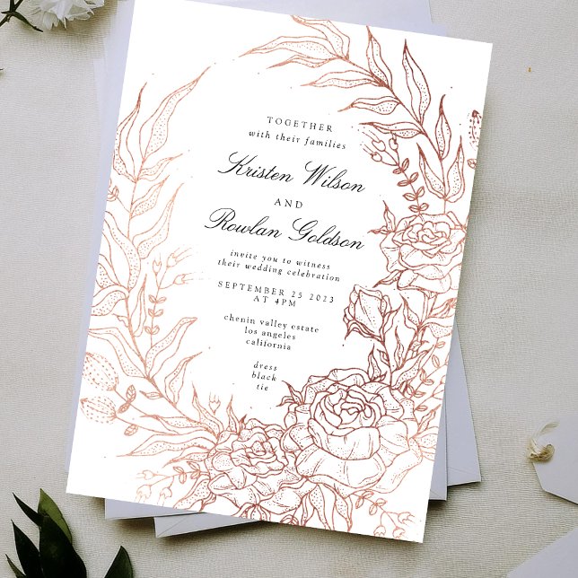 Invitación Boda de cobre de esmeralda blanca floral (Subido por el creador)