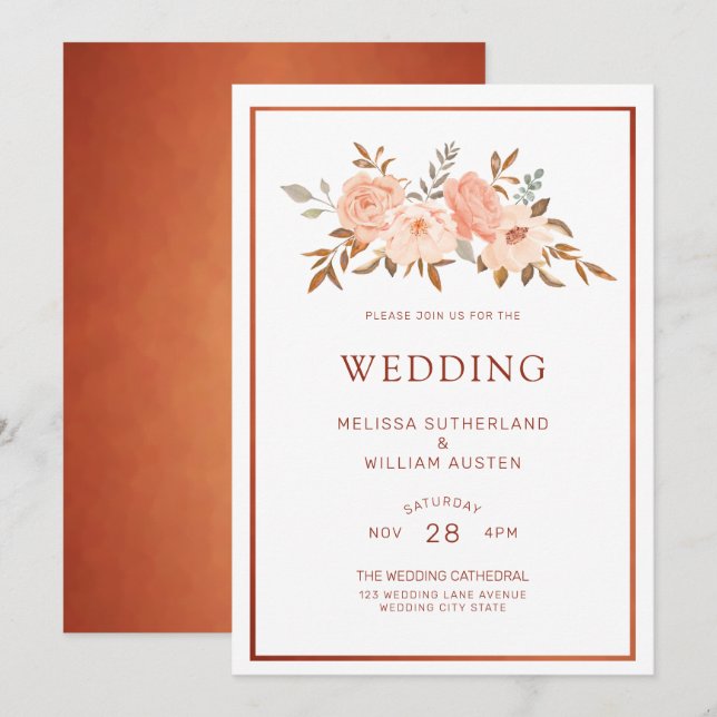 Invitación Boda de cobre floral de acuarela de otoño (Anverso / Reverso)