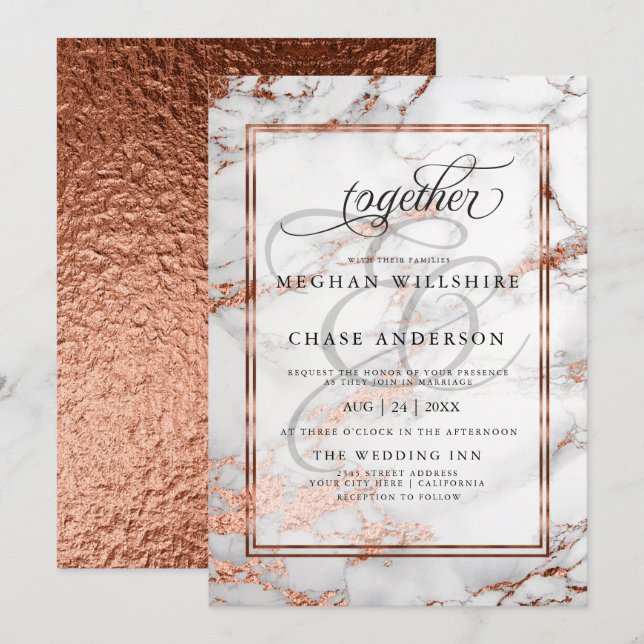 Invitación Boda de cobre y mármol Audaz Elegancia (Anverso / Reverso)