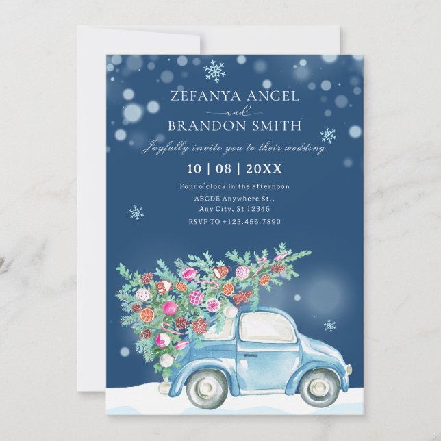 Invitación Boda de coches de Navidades de nieve de invierno (Anverso)