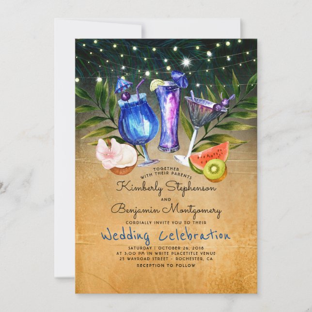 Invitación Boda de Cocktails Tropical Beach Lights (Anverso)