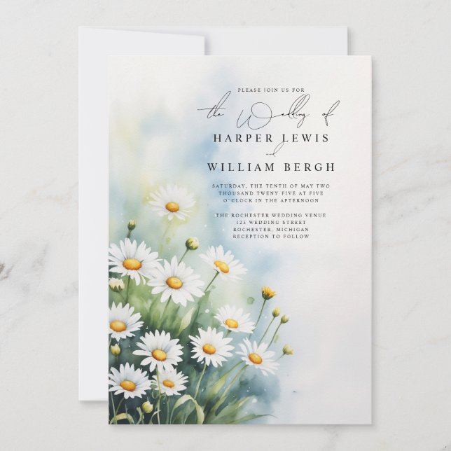 Invitación boda de código de acuarela daisies meadow qr (Anverso)