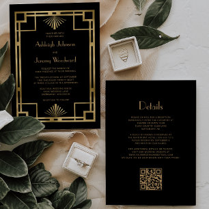 Invitación Boda de código deco QR de Black Gold Vintage de 19