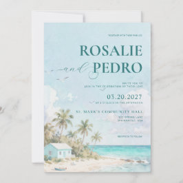 Invitación Boda de código QR acuarela de playa de verano azul