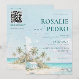 Invitación Boda de código QR acuarela de playa de verano azul