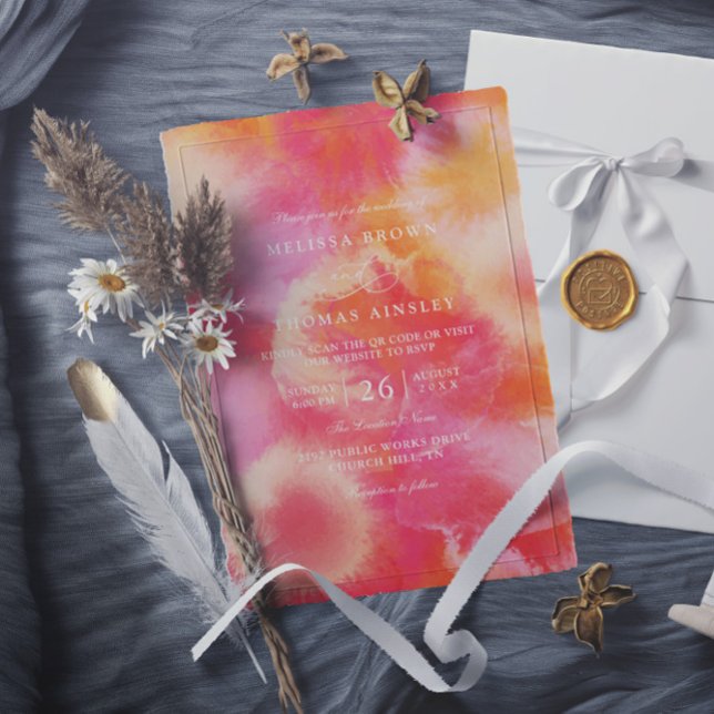 Invitación Boda de código QR acuarela naranja rosa caliente m (Subido por el creador)