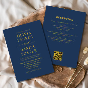 Invitación Boda de código QR All in One Navy Blue Gold