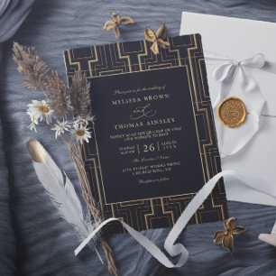 Invitación Boda de código QR Art Deco negro y dorado de lujo