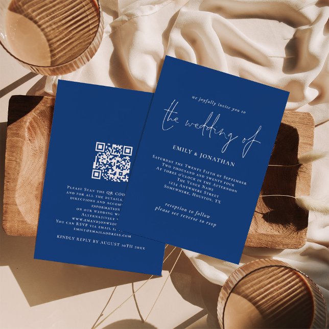 Invitación Boda de código QR azul con guión elegante (Front and back view. Available digitally and printed.)