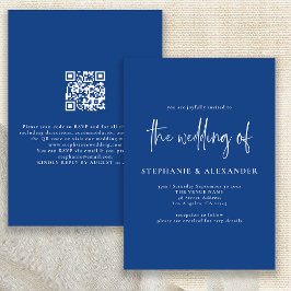 Invitación Boda de código QR azul de escritura blanca moderna