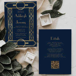 Invitación Boda de código QR azul de la marina azul de marco