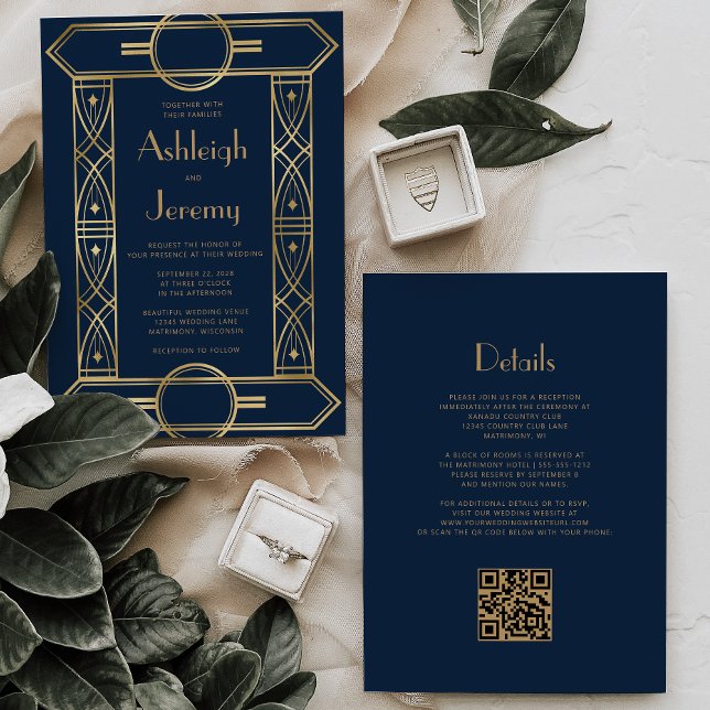 Invitación Boda de código QR azul de la marina azul de marco  (Subido por el creador)