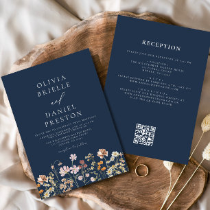 Invitación Boda de código QR azul de la Marina Boho Wildflowe