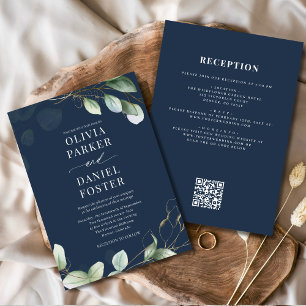 Invitación Boda de código QR azul de la Marina de Eucalipto