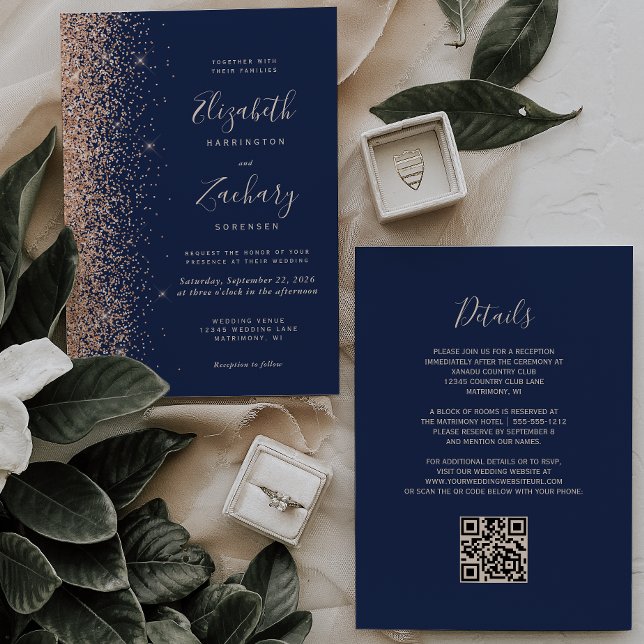 Invitación Boda de código QR azul de la Marina de Purpurina d (Subido por el creador)