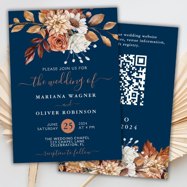 Invitación Boda de código QR azul de la Marina floral de colo (Subido por el creador)