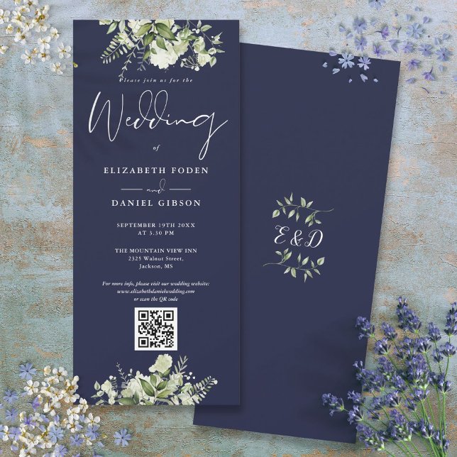 Invitación Boda de código QR azul de la marina floral verde (Greenery Floral Navy Blue QR Code Wedding Invitation)