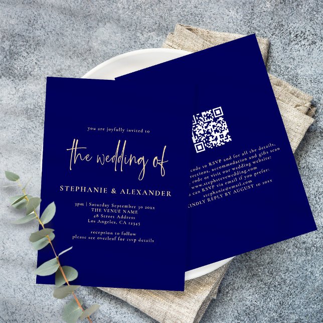 Invitación Boda de código QR azul de la Marina Gold Moderna (Subido por el creador)