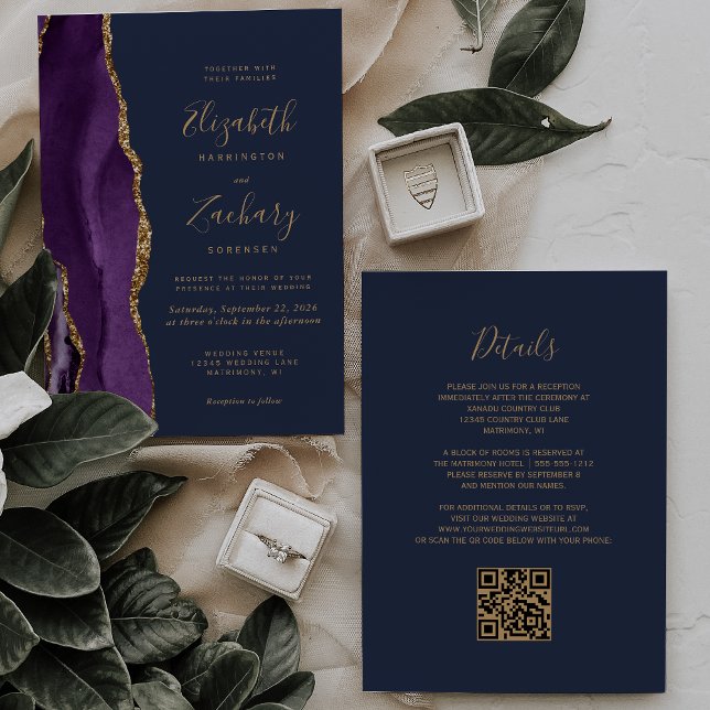 Invitación Boda de código QR azul de la Marina Purple Gold Ag (Subido por el creador)