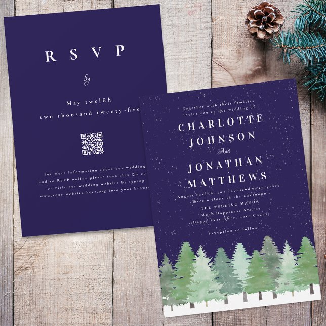 Invitación Boda de código QR azul de la Marina Woodland en in (Modern watercolor Woodland snow forest navy blue and white winter wedding qr code invitation)