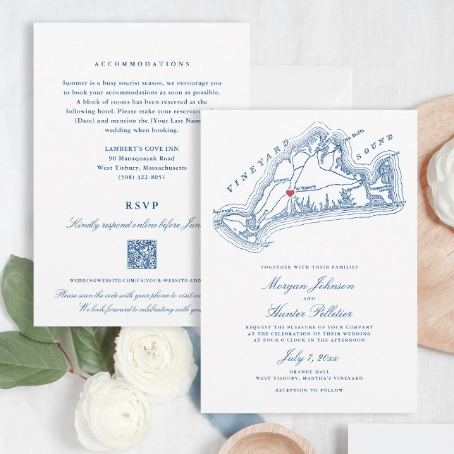 Invitación Boda de código QR azul de las MAMÁES de Tisbury Oc (West Tisbury Wedding All-in-one QR code Invitation for an elegant Blue Martha's Vineyard Wedding)